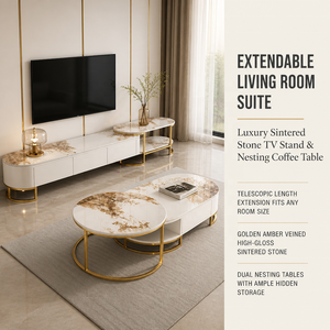 Ensemble de <span class=keywords><strong>table</strong></span> basse ovale moderne de luxe en bois et marbre pour salon extensible en or pour la maison avec tiroirs meubles design en acier inoxydable - Product Image 2