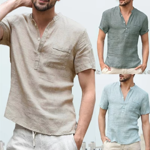 Camicia da Lavoro <span class=keywords><strong>Giapponese</strong></span> a Collo Semi-Aperto, Manica Corta, Traspirante, in Misto Cotone e Lino, Vestibilità Ampia, Stile Streetwear per Uomo - Product Image 3