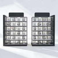 Grand présentoir mural modulaire noir et blanc en verre pour cosmétiques avec éclairage LED et tiroirs