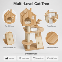 Arbre à chat multi-niveaux avec maison en bois, bol en acrylique transparent, rampe à gratter en sisal et jouet suspendu pour chats d'intérieur