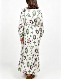 Vestido Maxi Holgado de Estilo Bohemio para Mujer, Estampado de Acuarela Verde, Cuello en V, Manga Larga, para Vacaciones de Verano - Product Image 4