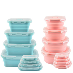 Silicone Collapsible Folding food containers with snap lid Microwave safe kid bento lunch box Set of 4 storage boxes & bins