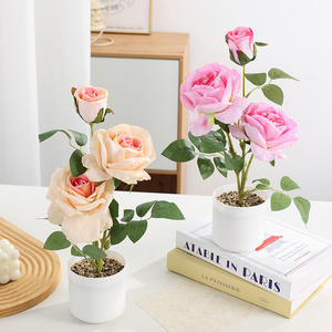 Три искусственных розы в горшках из вельвета, маленькие розы-бонсай, искусственные цветы для декора дома - Product Image 1