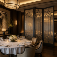 Paravent Art Déco Noir 3 Panneaux Cadre Métallique Cercles Superposés Grille en Verre Personnalisé Restaurant