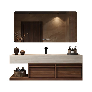 Ensemble de meubles de salle de bain suspendus au mur en bois de noyer moderne, avec miroir intelligent à LED et plan de lavabo en travertin - Product Image 5