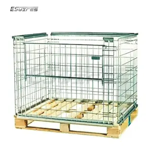 Stackable heavy duty foldable storage wire mesh pallet cage with wooden pallet