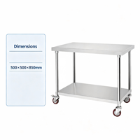 Table de préparation de cuisine de restaurant à 2 niveaux, mobile, en acier inoxydable 304, avec revêtement anti-graffiti, 4 roulettes, capacité de 300 kg par mètre