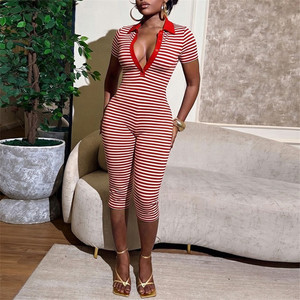 Jumpsuits moulants Jiubaju tendance à rayures et patchwork pour femme, décolleté en V profond, boutonnés, collection été 2026, style streetwear, pour soirées et clubs - Product Image 4