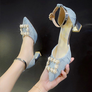 Nuovo stile strass fibbia quadrata tacco spesso taglio superficiale tacchi alti da donna sandali a punta 2299 - Product Image 1