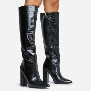 Bottes longues à <span class=keywords><strong>talon</strong></span> bloc et bout pointu en similicuir <span class=keywords><strong>croco</strong></span> <span class=keywords><strong>noir</strong></span> pour femmes et jeunes femmes - Product Image 1