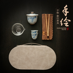 Juego de té de viaje antiguo pintado a mano, de cerámica, portátil, con bolsa de almacenamiento para uso en exteriores. - Product Image 2