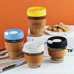 Tasse à café en verre à prix abordable, portable, 340 ml (12 oz), réutilisable, avec couvercle hermétique et manchon en liège - Product Image 4