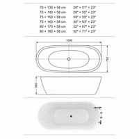 Baignoire ovale autoportante personnalisée blanche à fond plat avec robinet de pont pour salle de bain d'appartement, de 130 cm à 180 cm