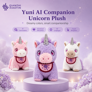 Yuni AI <span class=keywords><strong>Licorne</strong></span> En Peluche Compagnon LCD Yeux ChatGPT Grok Gemini 66 Langues Tactile Voix Argent Corne Bavoir Carte À Collectionner 3 Couleur - Product Image 1