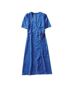 Autumn Women's Dot Midi Blue Wrap Dress Silk Short Sleeve Long Fashion Dress