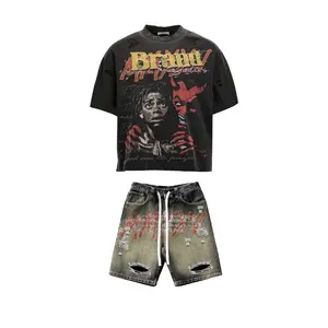 تي شيرت غسول حمضي بحافة خام تي شيرت ثقيل جي إس إم تي شيرت متوتر تيري تي شيرت DTG حجر الراين مع محبوك - Product Image 1