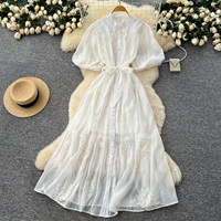 Robe longue décontractée pour femme WIWT, élégante, rose, brodée, à manches bouffantes, coupe trapèze, col montant, boutonnée, avec ceinture, pour le quotidien
