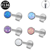 Pendiente de titanio ASTM F136 con circonita y ópalo, corte Asscher, rosca interna, para perforación de oreja, labret de boda