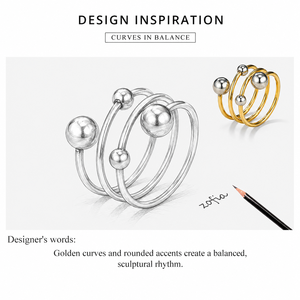 Anillo Abierto Ajustable de Acero Inoxidable con Baño de Oro de 14K y Múltiples Filas con Detalles de Bolas Redondeadas en Dos Tonos - Product Image 2