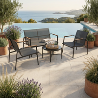Ensemble de salon de jardin moderne 4 pièces en acier avec sièges en maille respirante et accoudoirs imitation bois pour l'extérieur
