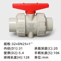 Katup Bola Pph Union Dua Arah Bahan OTEF Tekanan 1.6MPa Ulir Internal Segel Lunak Pipa Air Industri Manual OEM