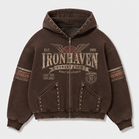 Sudadera con capucha personalizada con cremallera, de algodón tipo forro polar con lavado vintage, con broches, hombros caídos, unisex, para hombre, estilo streetwear, con efecto desgastado