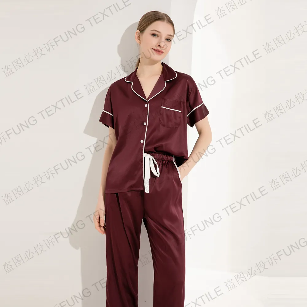 FUNG 6028 Großhandel Damen Loungewear weiche Nachtwäsche Pjs Kurzarm Knopfleiste Nachtwäsche mit langen Hosen Seiden-Pjama-Set