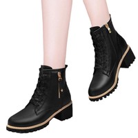 Bottes pour femmes en gros, à lacets, talon épais, plateforme, fermeture éclair latérale, en cuir noir, montantes à la cheville