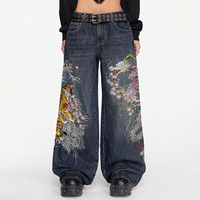 Pantalon en jean brodé épais Rétro Dragon Tigre Fleur de cerisier - Bleu délavé, coupe ample, jambe large, coupe droite, évasé
