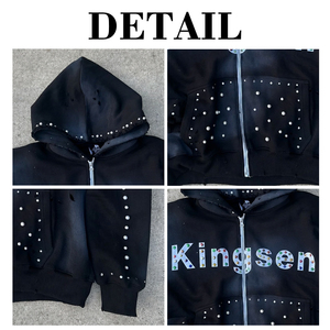 เสื้อฮู้ดดี้สตรีทแวร์ผ้าเฟรนช์เทอร์รี่วินเทจฟอกสีแบบแอซิดวอช แต่งแพทช์ปักลายและประดับคริสตัล ซิปหน้า สไตล์ดิสเทรส สำหรับผู้ชาย - Product Image 6
