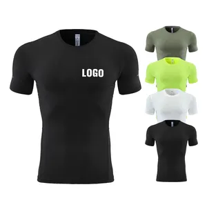 Toptan yuvarlak boyun T-shirt Spandex Polyester spor T Shirt erkekler için süblimasyon koşu tayt Mens