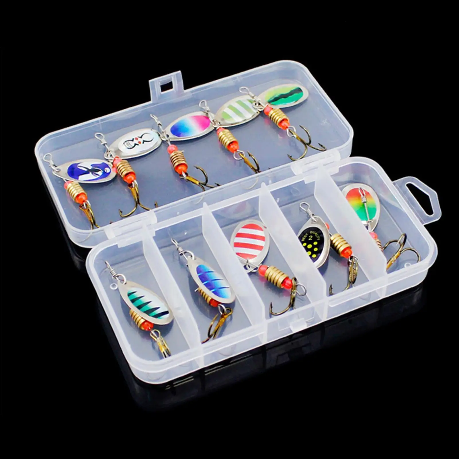 10pcs Spinner Bait Fishing Lure Rotational Spoon Lures Metal Bass Trout Lure Set Spoon Bait Hard Baits with Tackle Box Aritific