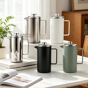 Cafetière à piston moderne en acier inoxydable à double paroi avec couvercle en verre visible 1,0 L – Écologique pour la maison et le café - Product Image 1