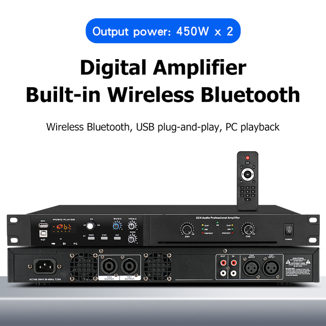 High Power 450W 2 Channels Professional Digital Amplifier Built-in Bluetooth Audio Effect Karaoke Amplifier