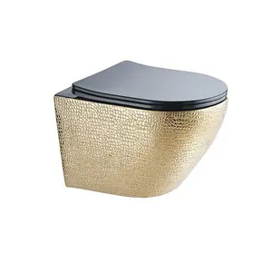 Pemasangan dinding Wc kamar mandi berwarna emas hitam toilet mangkuk tanpa bingkai satu bagian dinding gantung Wc Keramik gaya mewah peralatan sanitasi