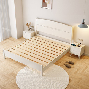 Lit en bois massif couleur crème, style minimaliste nordique, 1,5m/1,8m, avec coffre de rangement, pour adultes et personnes âgées - Product Image 2
