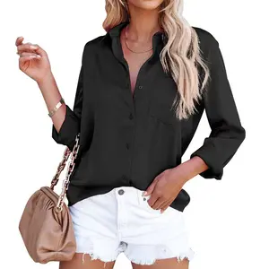 Wholesale High Quality Solid Color Female Office Shirt Long Sleeve Women Lady Satin Shirt