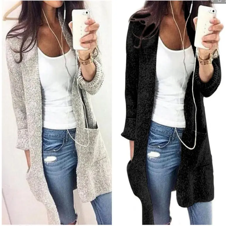 Autumn Winter Fashion Women Long Sleeve Loose Knitting Cardigan Pockets Long Sweater Women Knitted Female Cardigan Pull Solid
