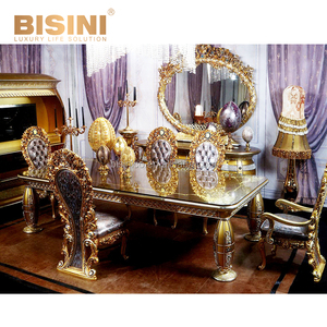 Table à manger longue plaquée or de style palais impérial royal avec 6 chaises pour salle à manger de villa - Product Image 2