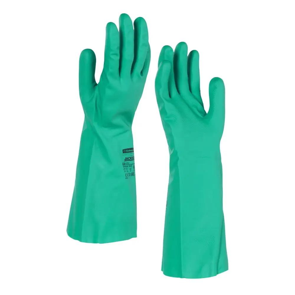 EN374 388 420 sarung tangan pelindung air dan Kimia disetujui nitril industri lapisan hijau katun liner
