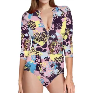 Bikini de diseño personalizado para mujer, bañador Sexy con estampado de leopardo colorido, traje de baño de media manga de gran tamaño con escote en V profundo y cremallera