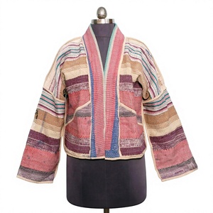 Veste matelassée en patchwork 100% coton, col en V, manches longues, multicolores, style ethnique, longueur courte, design contrasté - Product Image 1