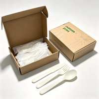 Ensemble de couverts jetables personnalisés en PLA compostable et écologique avec serviette, cuillère et fourchette biodégradables en plastique blanc