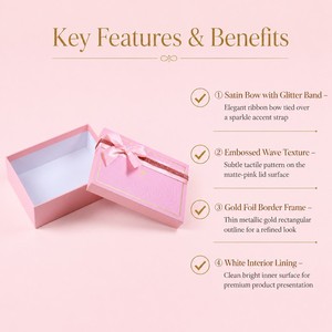 Caja de Regalo Personalizada con Lazo Rosa, Lazo de Satén, Banda Brillante, Tapa con Ondas en Relieve, Borde Dorado, Embalaje para Cosméticos y Cuidado de la Piel - Product Image 2