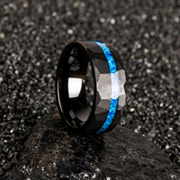 Bague en carbure de tungstène martelé de 8 mm avec incrustation d'opale bleue, alliance brossée pour hommes et femmes