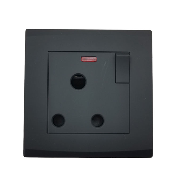 Good Quality Hot Selling UK Standard Black Panel 15A 250V Switch and Socket Round 3 Pin Electrical Socket Outlet With Neon