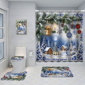 Cortina de Ducha de Poliéster con Diseño de Pueblo Navideño Azul, Cortina de Baño con Impresión Digital Personalizada, Impermeable, Venta al Por Mayor - Product Image 6