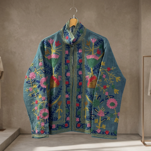 <b>Hand</b> Embroidered Vintage Floral Velvet Finished Eco-friendly Quilted Jacket Stand Collar Full Sleeve Lightweight Spring Women's - Product Image 2