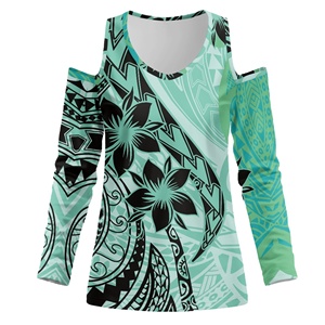 Blusas hawaianas verdes elegantes diarias de talla grande para mujer, camisa y blusa sexy tribal Polinesia con hombros descubiertos, camisetas personalizadas - Product Image 5