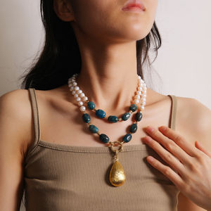 Fashion Blue Apatite Natural Freshwater <strong>Pearl</strong> Double <strong>Pendant</strong> Beaded 18K Gold Plated Women's AAAAA Grade <strong>Necklace</strong> Jewelry for - Product Image 2